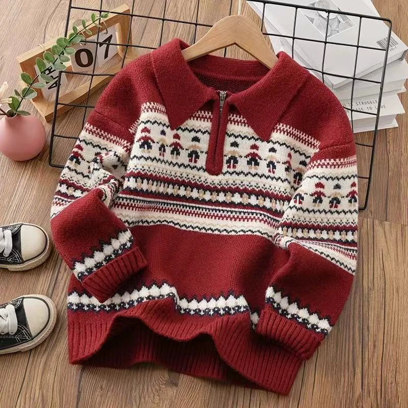 男童毛衣条纹翻领韩版秋冬男童衫针织衫撞色常规加厚宽松复古