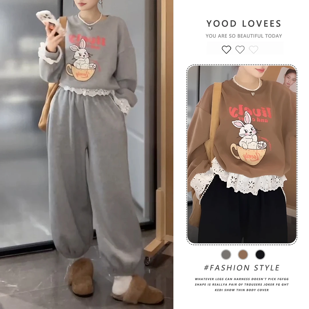 时尚休闲韩系慵懒套装裤女2025冬季加绒灰色印花卫衣束脚裤两件套