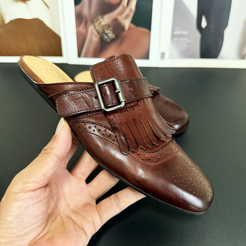 时尚外穿包头拖水洗马皮拖鞋英伦雕花流苏平底穆勒拖时尚百搭女鞋