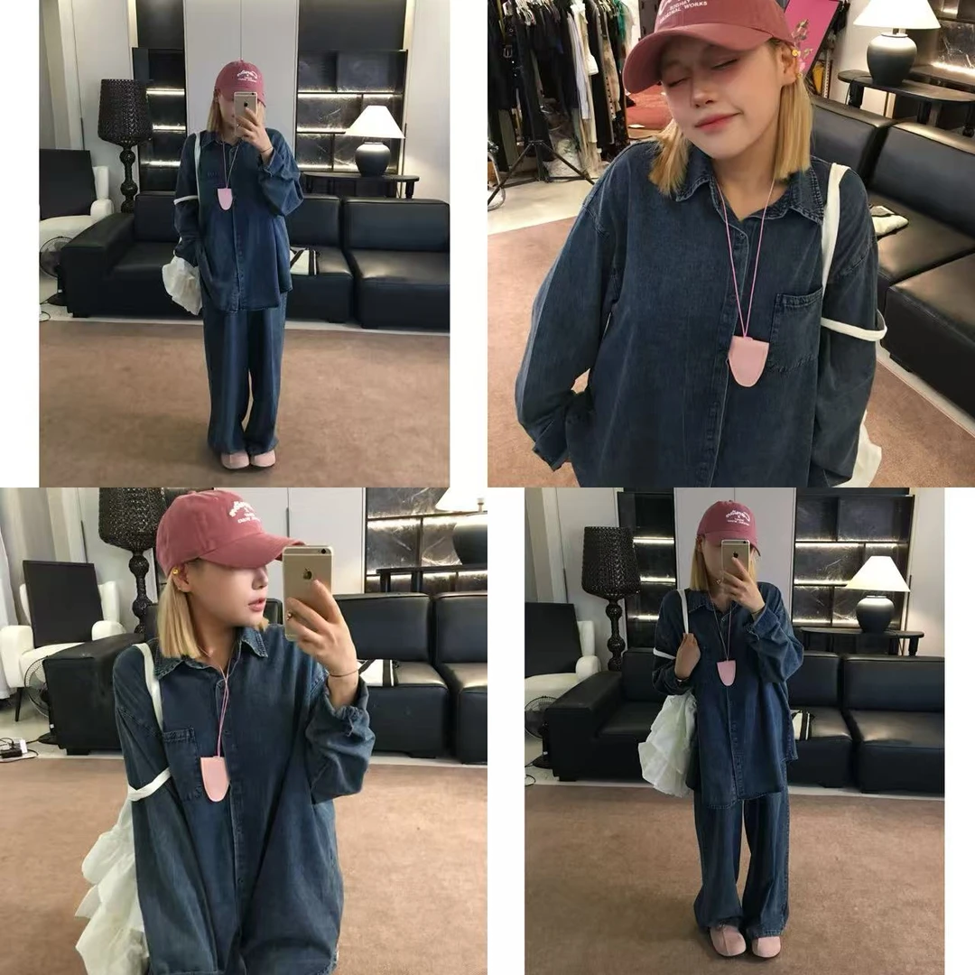 刘姐私服【逍遥自在】做旧复古牛仔套装宽松有口袋松紧长裤6001