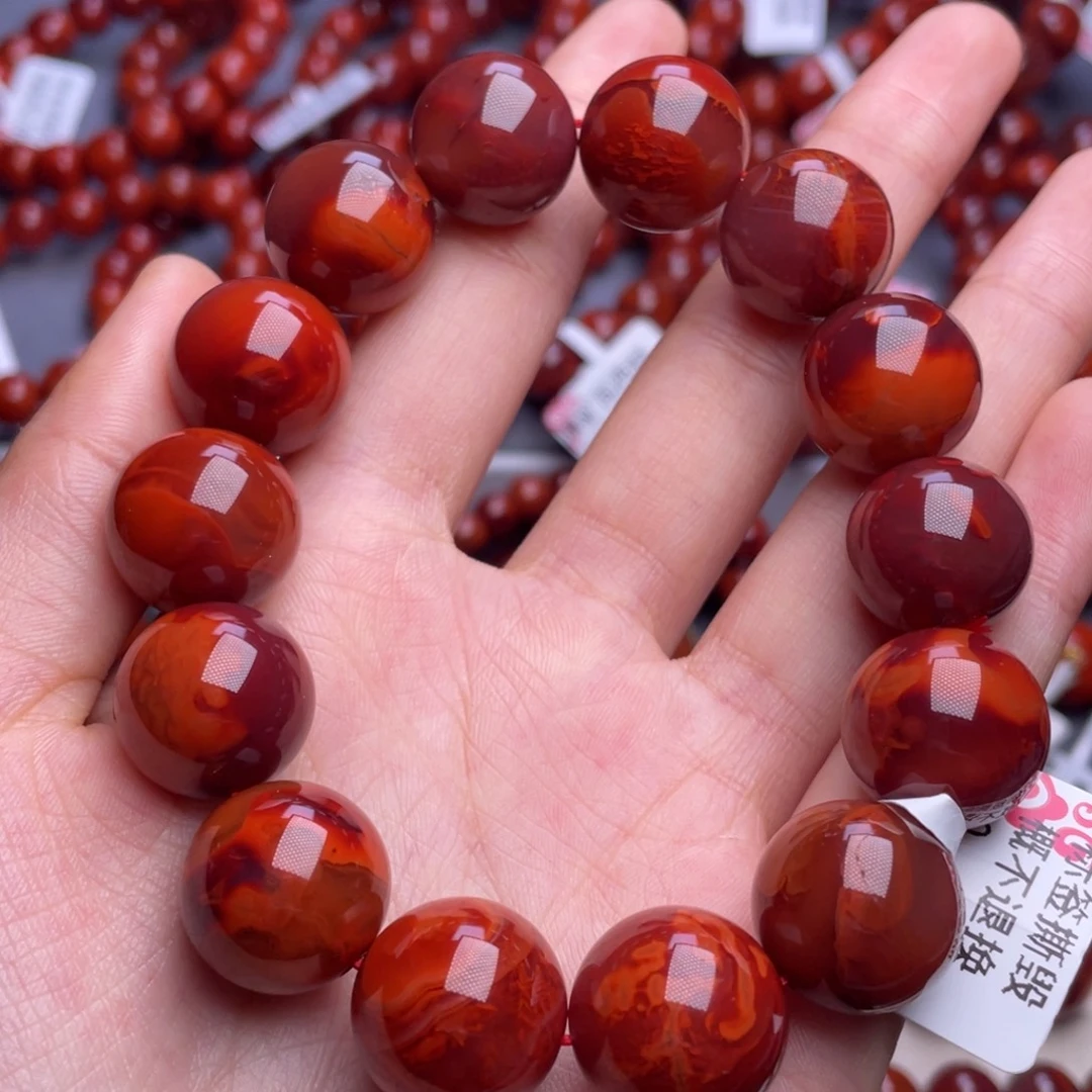 南红玛瑙未镶嵌其他16mm高品瓦西牛血红火焰圆珠手串