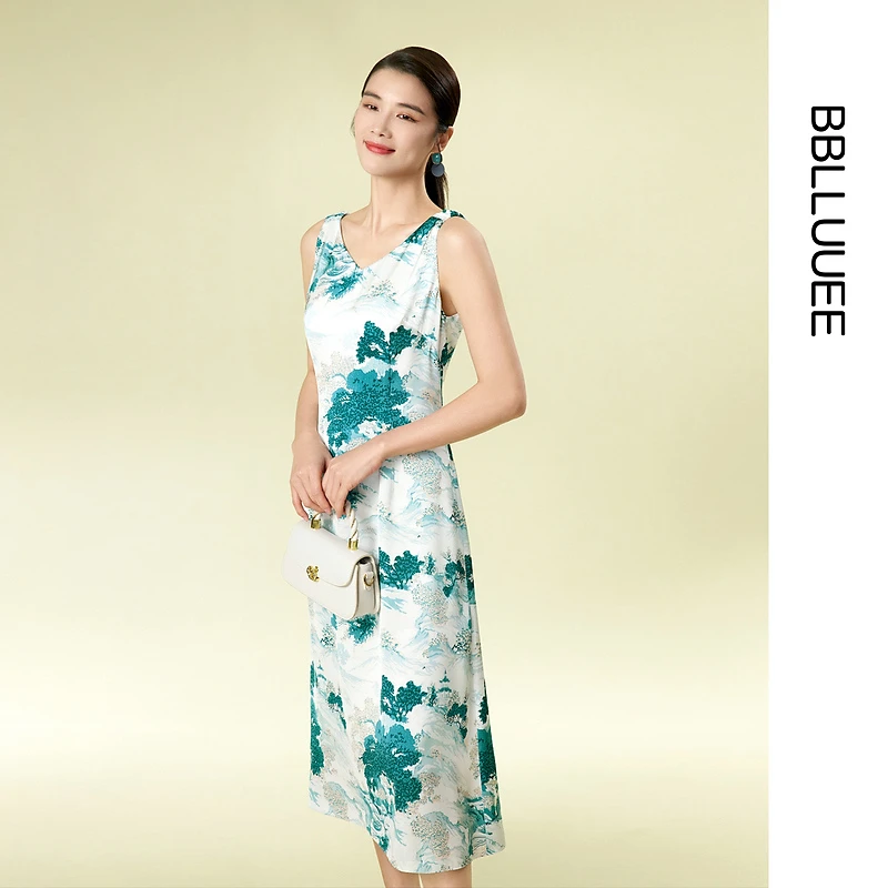 【国风写意背心裙】BBLLUUEE粉蓝衣橱2025春夏新款印花背带连衣裙