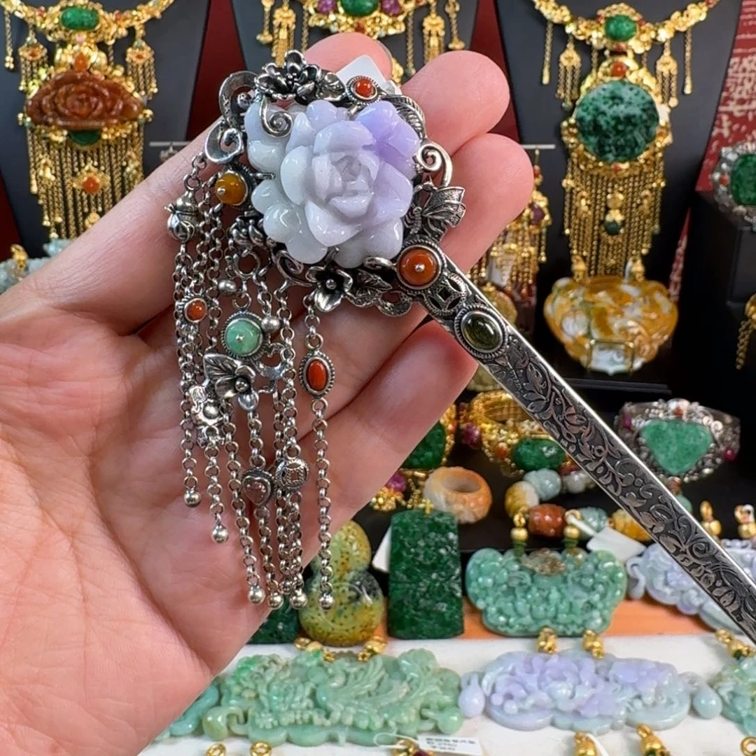 翡翠银S925镶嵌颈饰富贵花开发簪 亏清