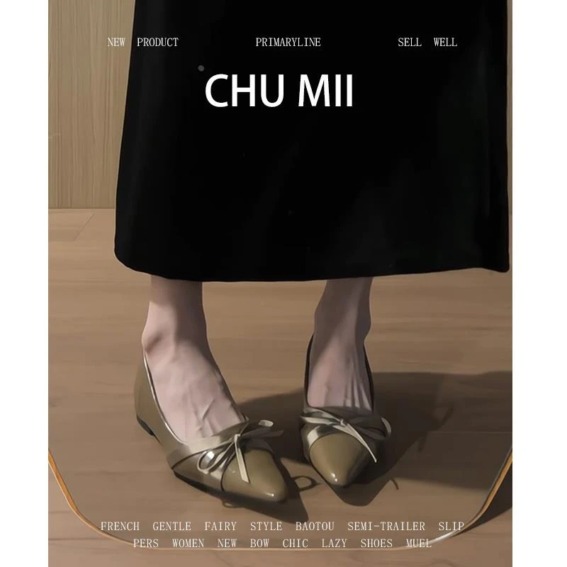 【cufk官方正品】法式绸缎尖头粗跟单鞋女复古气质蝴蝶结浅口低跟玛