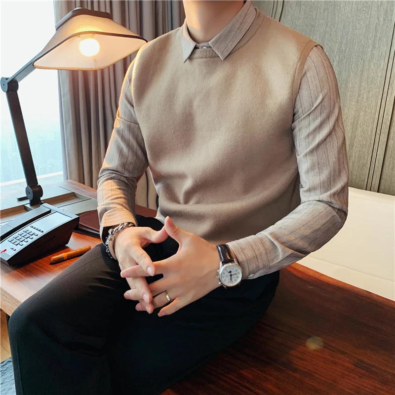 男士秋冬加厚棉类混纺打底衫韩版长袖修身型拼接条纹抗寒时尚休闲