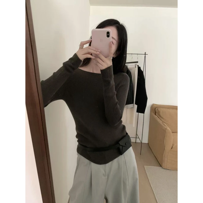（6-8运贴）羊毛打底衫韩系简约一字领针织衫早秋修身显瘦正肩小衫