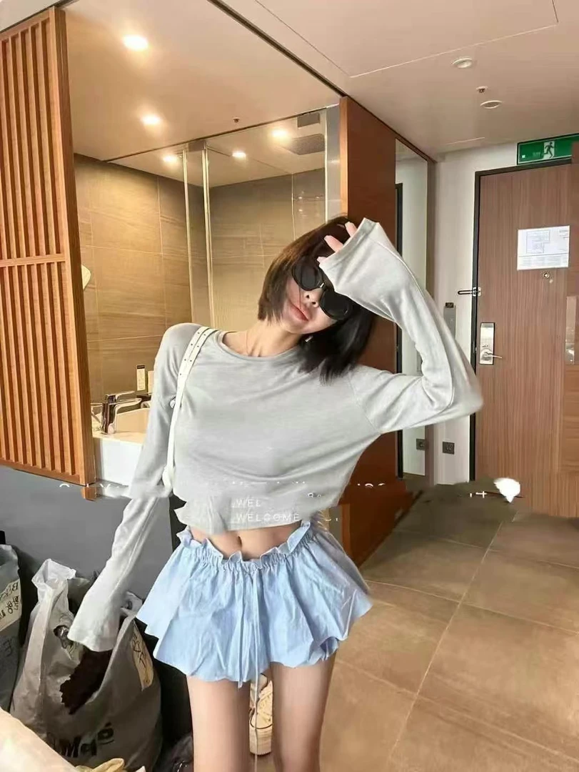 悠悠 甜美宽松少女短款T恤+花边蓬松百搭时尚裙裤