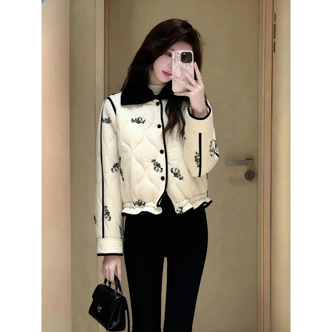 超好看冬装厚外套2025高端时髦洋气轻熟小香风杏色印花夹棉外套女