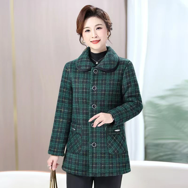 中老年妈妈秋冬2024新款加厚加绒格子上衣中年女士时尚保暖加绒外