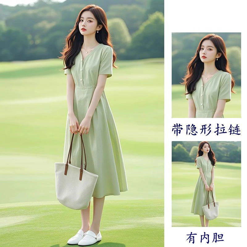 法式端庄大气小个子显高海边度假绿色领休闲收腰连衣裙子女夏季