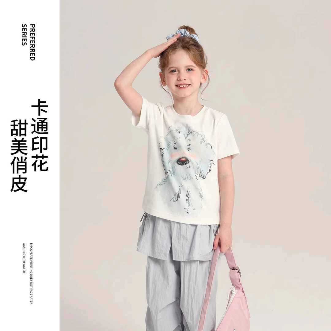 布丁哈鲁女童洋气短袖2025夏季新款儿童可爱印花百搭T恤G52TW310