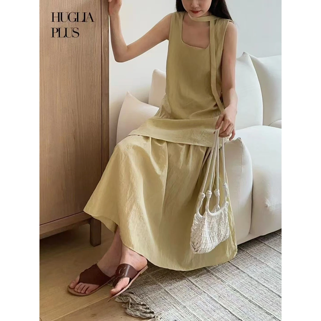 N6326#韩版慵懒风设计感不规则下摆拼接背心连衣裙