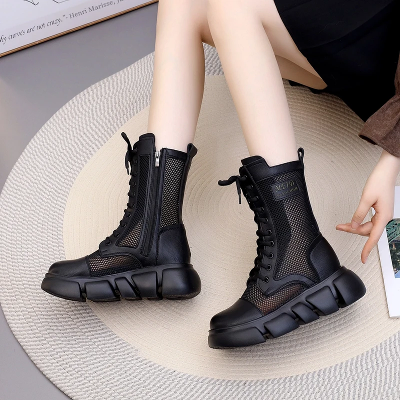 头层牛皮网纱马丁靴女厚底2025秋季中筒薄款软底轻便镂空透气凉靴
