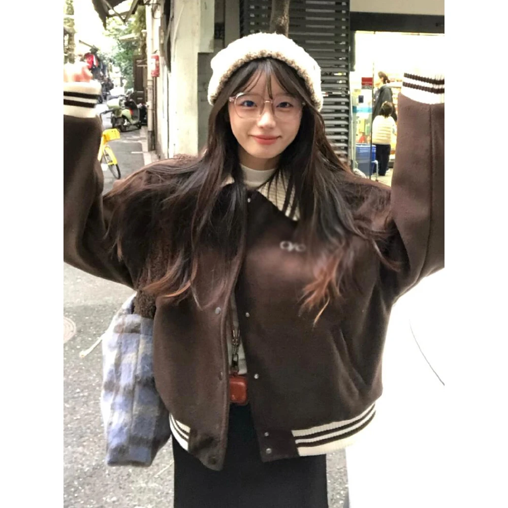 美式复古撞色棒球服女早秋新款字母刺绣翻领夹克外套宽松上衣潮