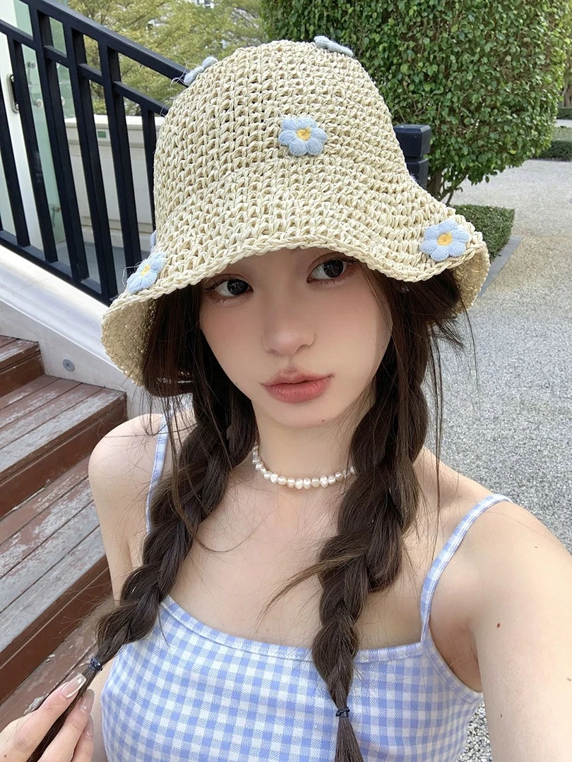 A395 小蓝花夏季草编水桶渔夫帽