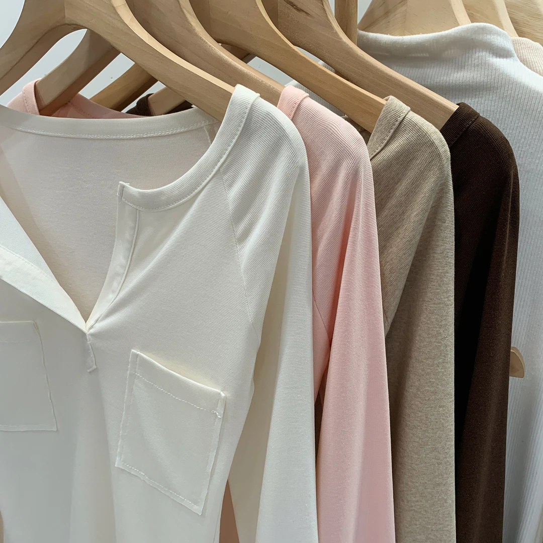 hello现货半开领长袖T恤女早秋2025新款巨好看轻熟内搭打底衫T恤