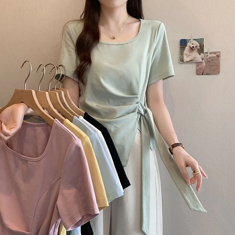 不规则开叉正肩短袖女夏季显瘦绑带收腰打底修身U领中长款T恤上衣