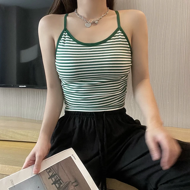 复古条纹吊带背心女外穿夏季露背带胸垫挂脖美背内搭无袖打底上衣