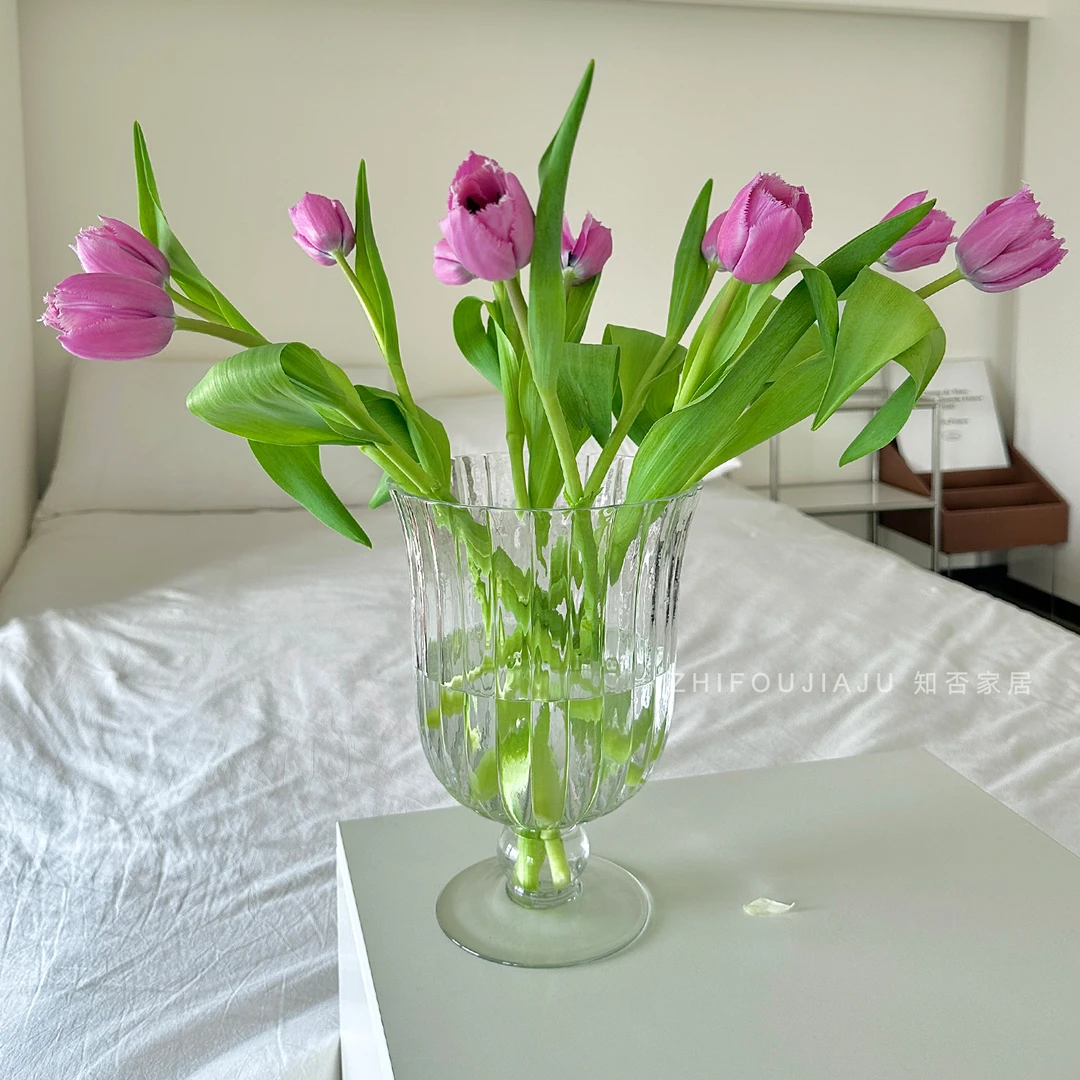大口高脚杯花瓶高透玻璃大号条纹法式中古感鲜切插花透明家居摆件