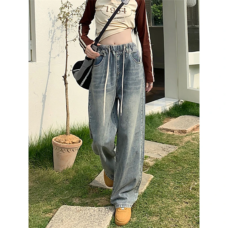 胖mm大码抽绳松紧腰阔腿牛仔裤女复古宽松学生裤子高腰显瘦直筒裤