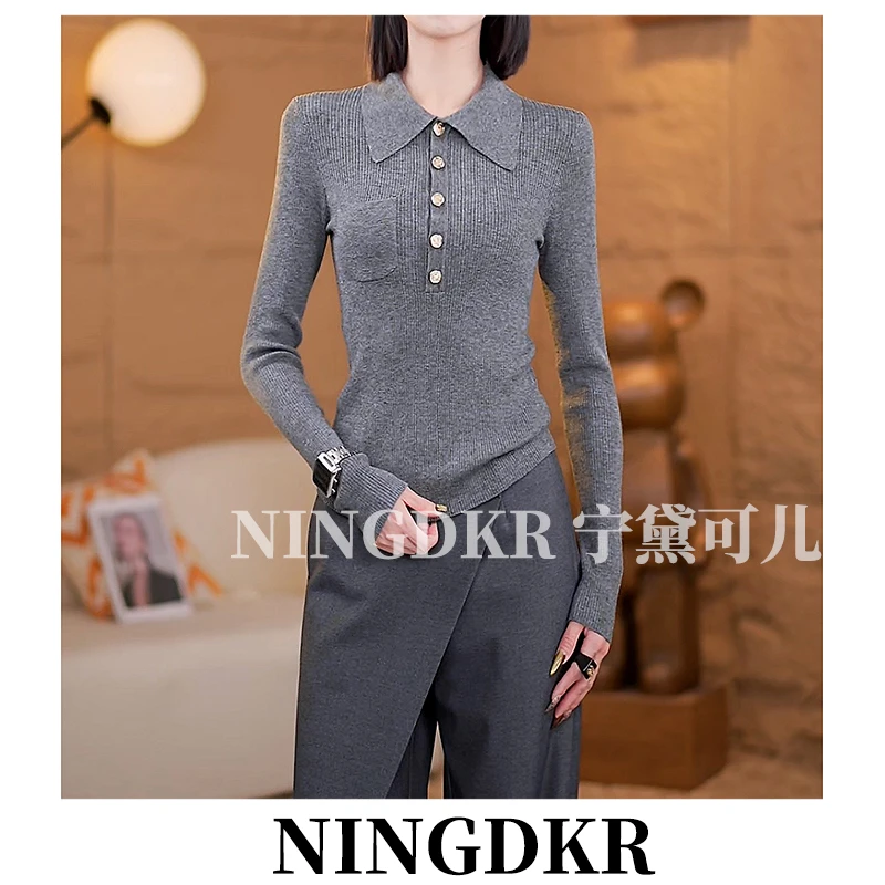 圳B31323宁黛可儿气质显瘦减龄翻领针织衫女POLO领内搭长袖毛衣