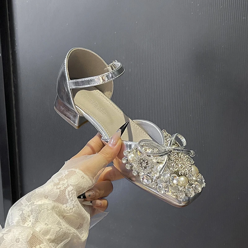 水钻包头凉鞋女2025夏季新款法式软底配裙子中空粗跟单鞋玛丽珍鞋