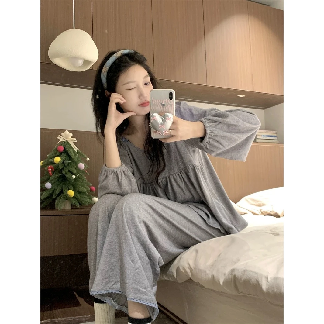 薄绒睡衣女秋冬季新款长袖毛巾绒家居服套装韩风简约v领蕾丝花边