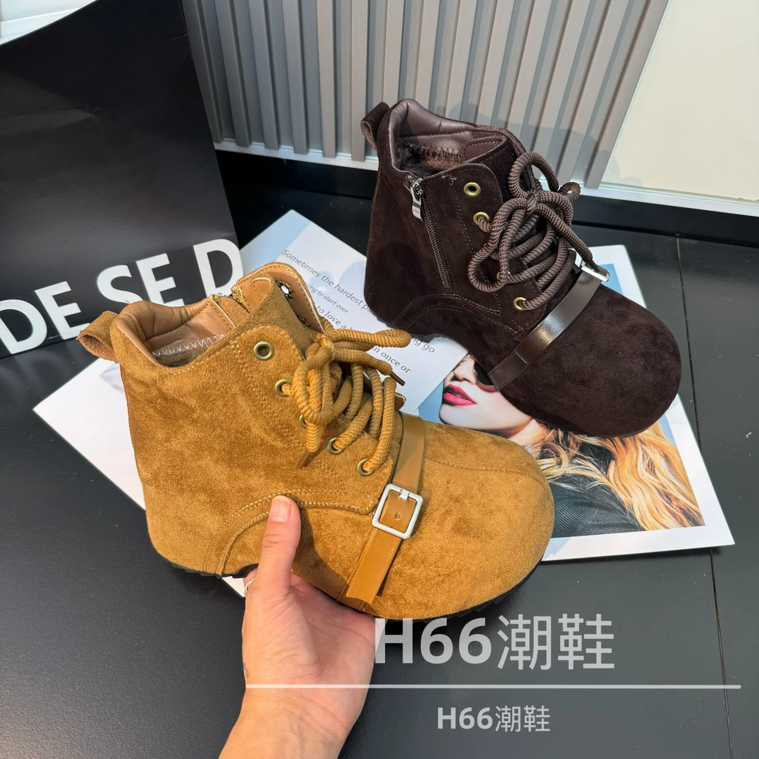 欧货厚底内增高7cm马丁靴女2025新款磨砂皮带扣时尚短靴628-8