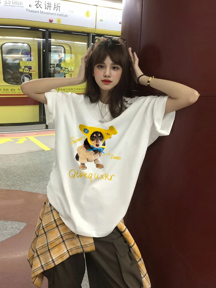 韩国东大门夏季新款韩版休闲百搭趣味狗狗印花宽松慵懒短袖T恤女