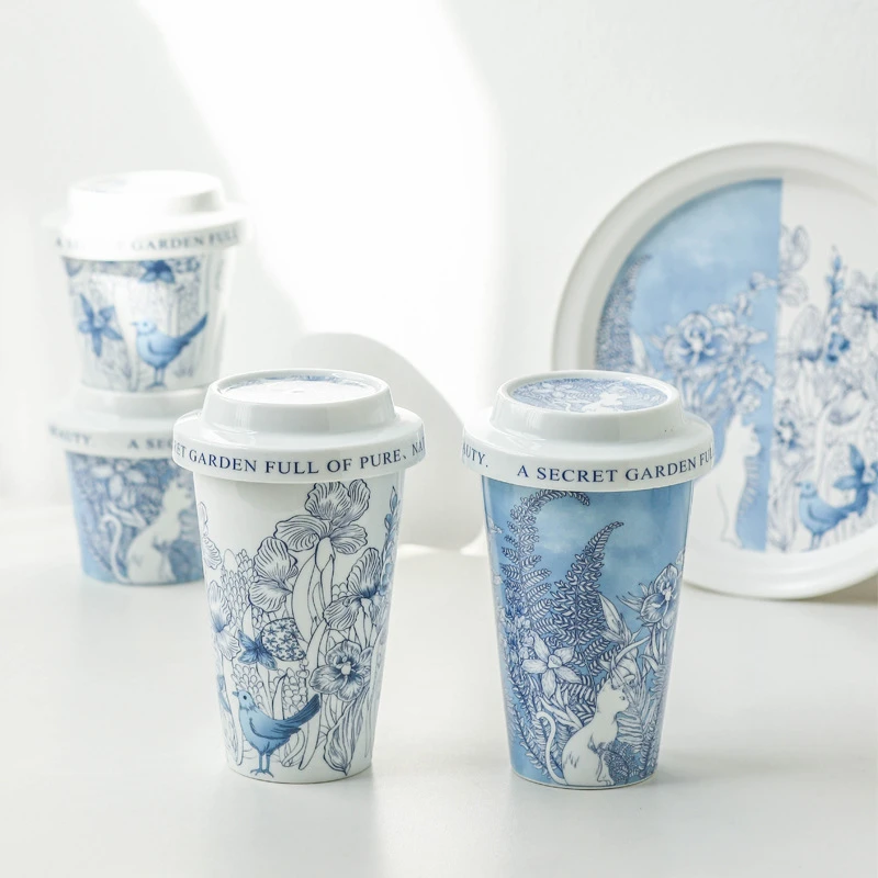 【野趣青花】25年必入家用复古双层隔热陶瓷带盖杯茶具 01379