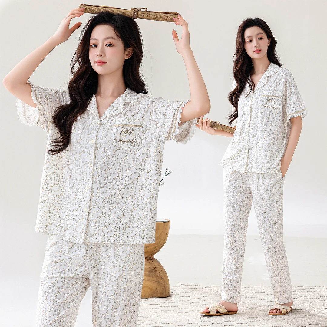 时尚短袖长裤两件套女睡衣休闲套装夏季薄款宽松大码可外穿家居服