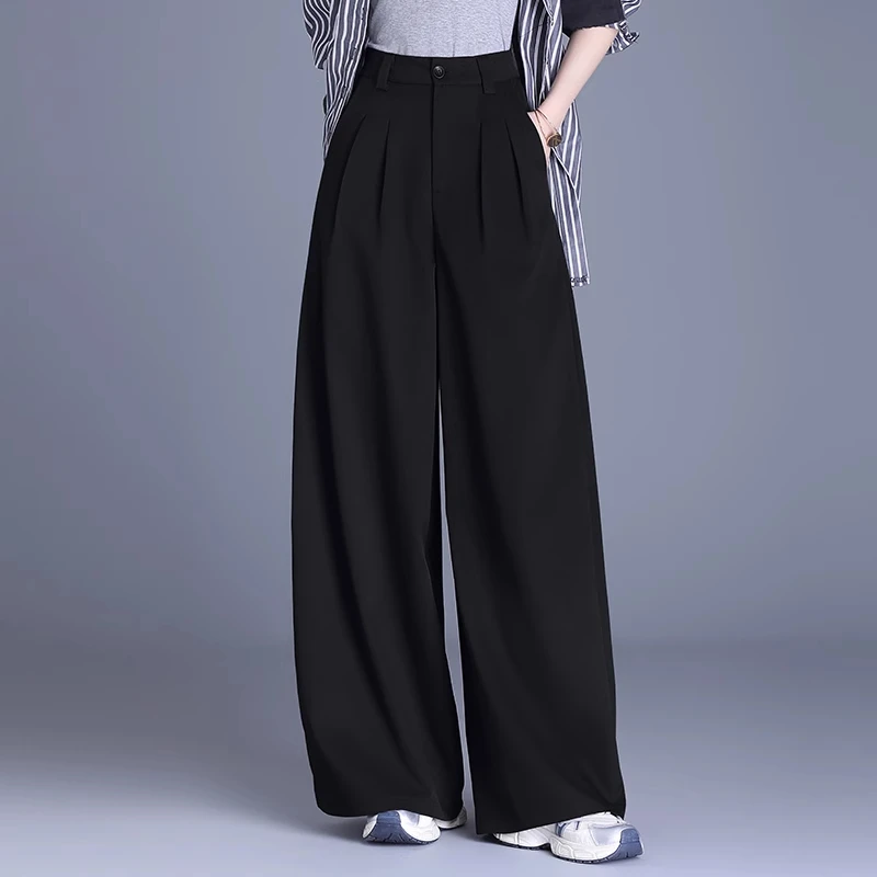 拉夏贝尔弯刀阔腿休闲裤女2025年新款爆款高腰宽松慵懒风拖地长裤