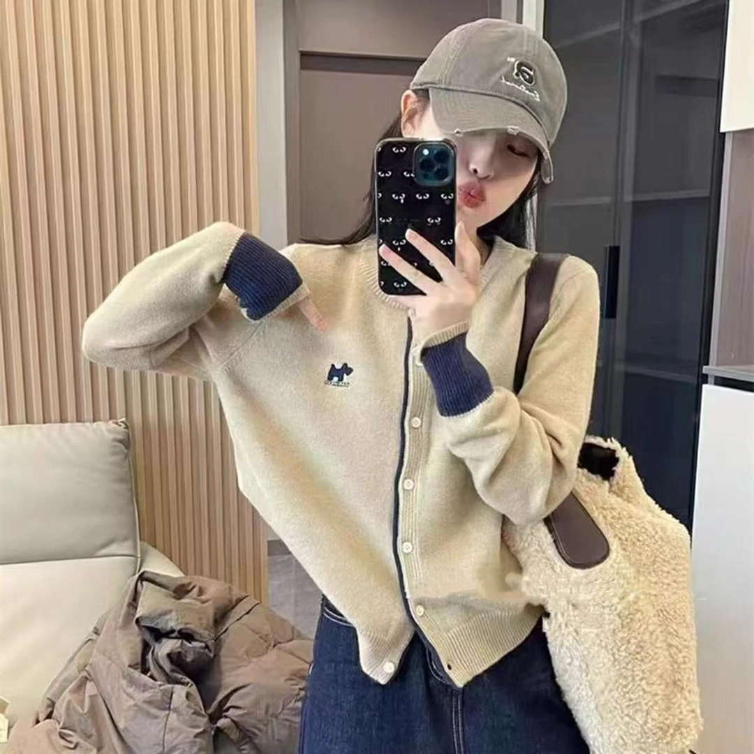 韩系简约高级气质长袖针织开衫女秋冬新款撞色外搭毛衣外套6506