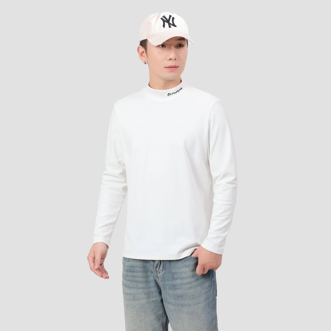 男女情侣秋冬季领口刺绣半高领慕斯绒长袖衫柔软贴身保暖打底衫