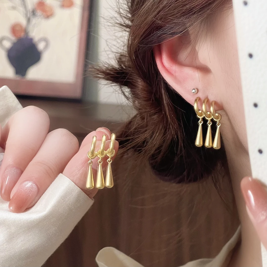 S925银针金色耳钉三叠戴效果2025春夏新品ins风格
