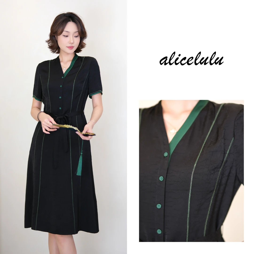 1alicelulu简约时尚显瘦V领短袖系带连衣裙S2143187A