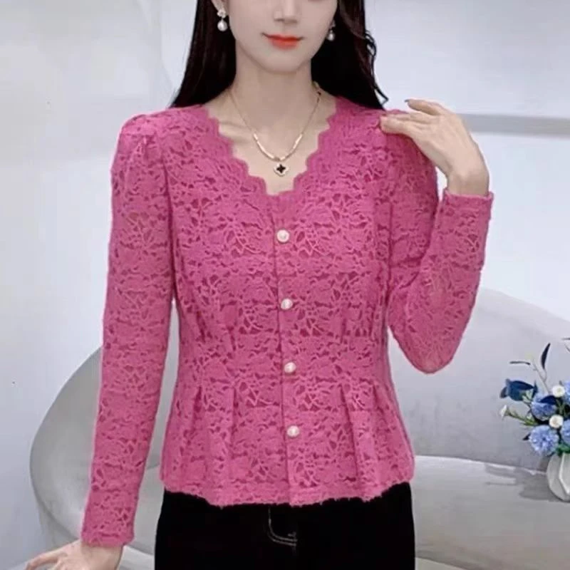 606款韩系V领蕾丝衬衫洋气收腰长袖打底小衫减龄甜美上衣