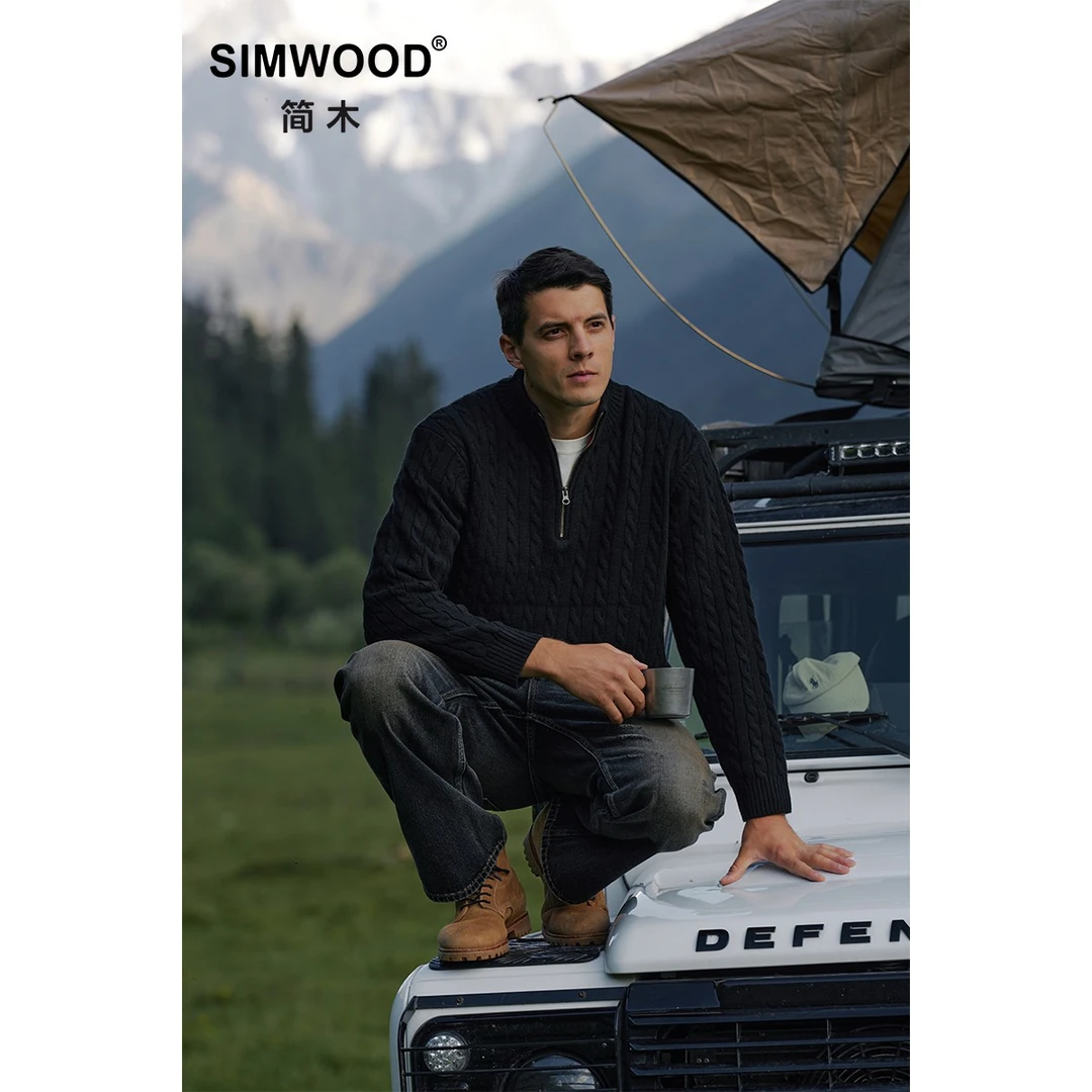 SIMWOOD/简木宽松5针羊毛混纺防静电扭花半高领拉链毛衣S12250531