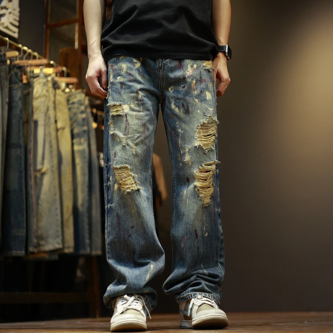 99098美式宽松水洗破洞泼墨潮流高街个性休闲直筒牛仔裤