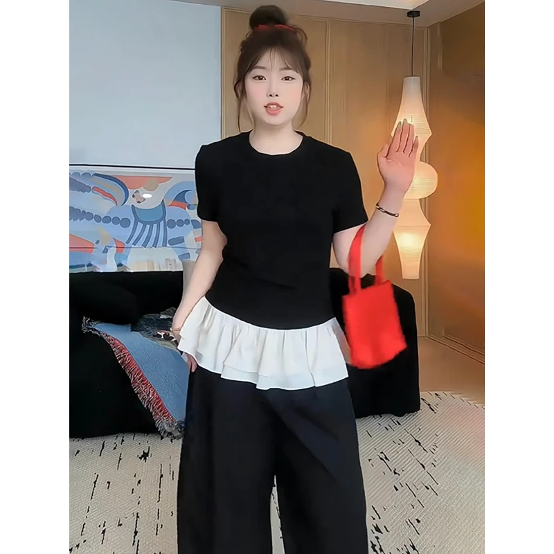 大码女装胖mm韩版下摆拼接花边圆领短袖T恤2025夏季显瘦百搭上衣