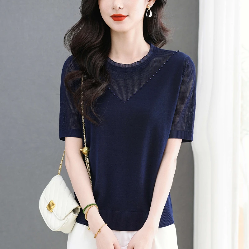 蕾丝钉珠针织衫女夏季薄款镂空冰丝上衣宽松显瘦百搭洋气短袖T恤