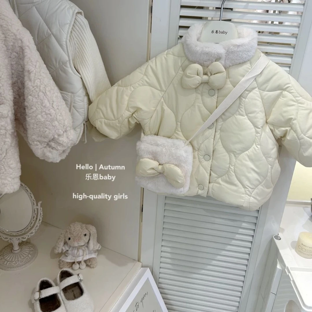 幼儿园爆款女童秋冬季新款奶黄色加绒棉服女宝宝洋气可爱棉袄外套