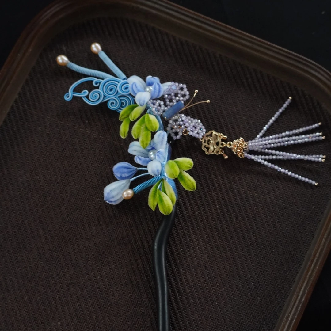 拂云 蓝孤品 发簪黑檀  非遗绒花南京绒花日常古风国风简约超仙