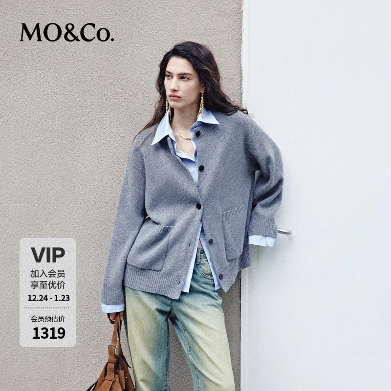MOCO针织外套2025秋新品绵羊毛假两件开衫拼接衬衫宽松MBE3CART11
