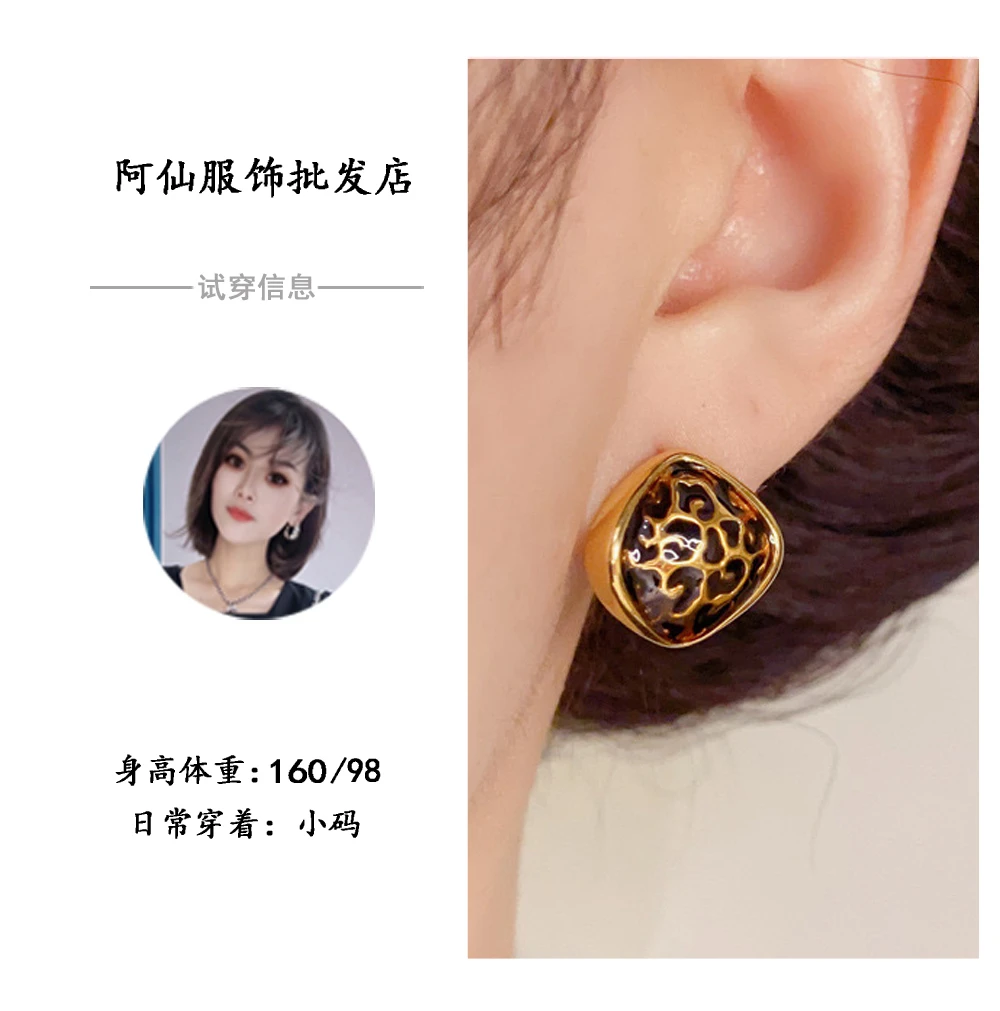 钛钢玻璃耳饰 法式小众菱形几何豹纹耳环925银针AX