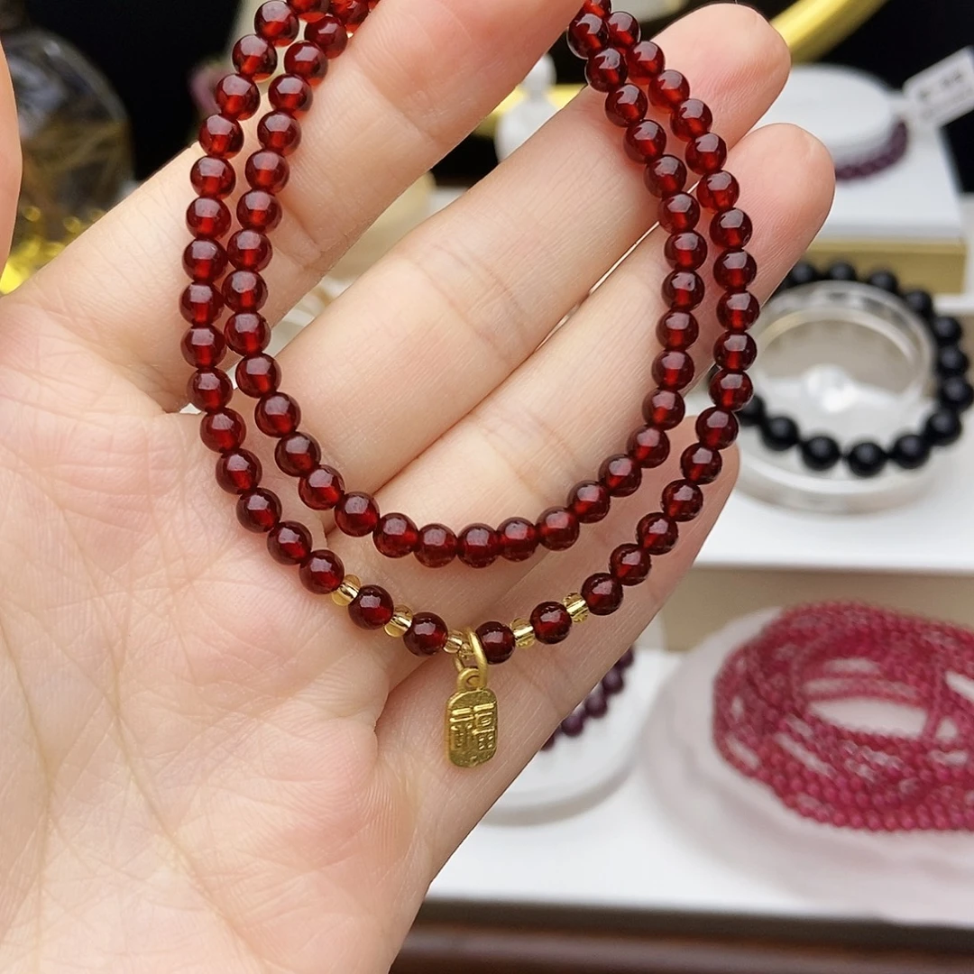 手链石榴石银S925镶嵌4毫米石榴石双圈