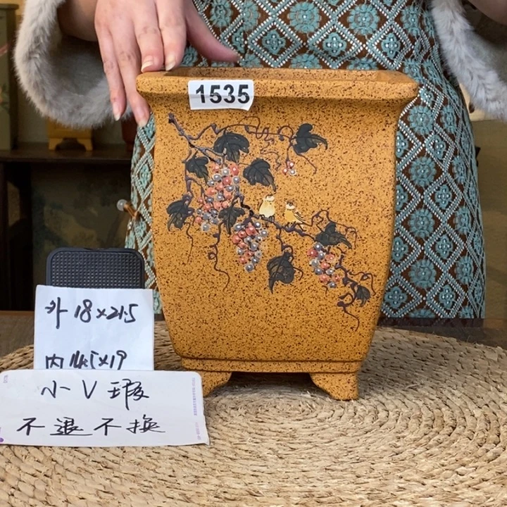 花盆紫砂 微微瑕柴烧彩绘葡萄四方签筒1535