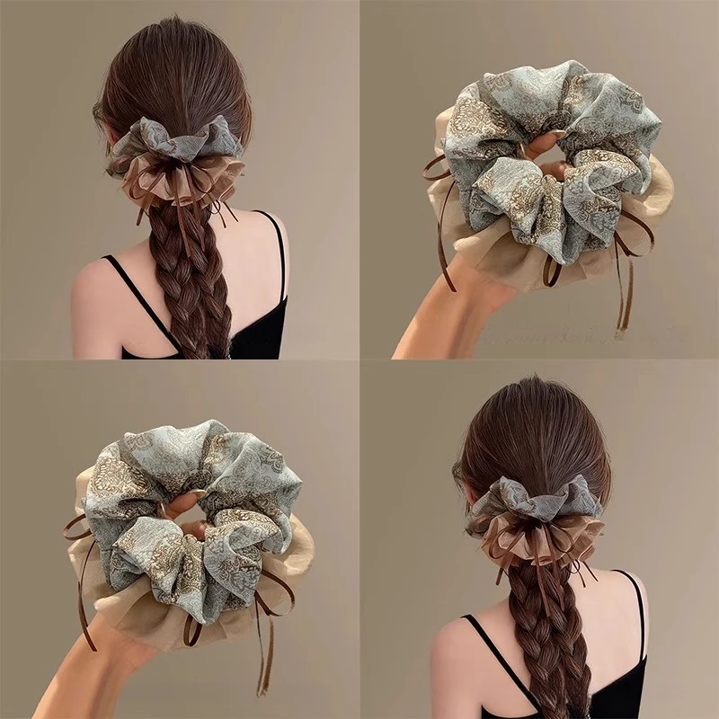 高级感复古碎花发圈蝴蝶结双层大肠圈丸子头绳气质低马尾皮筋发饰