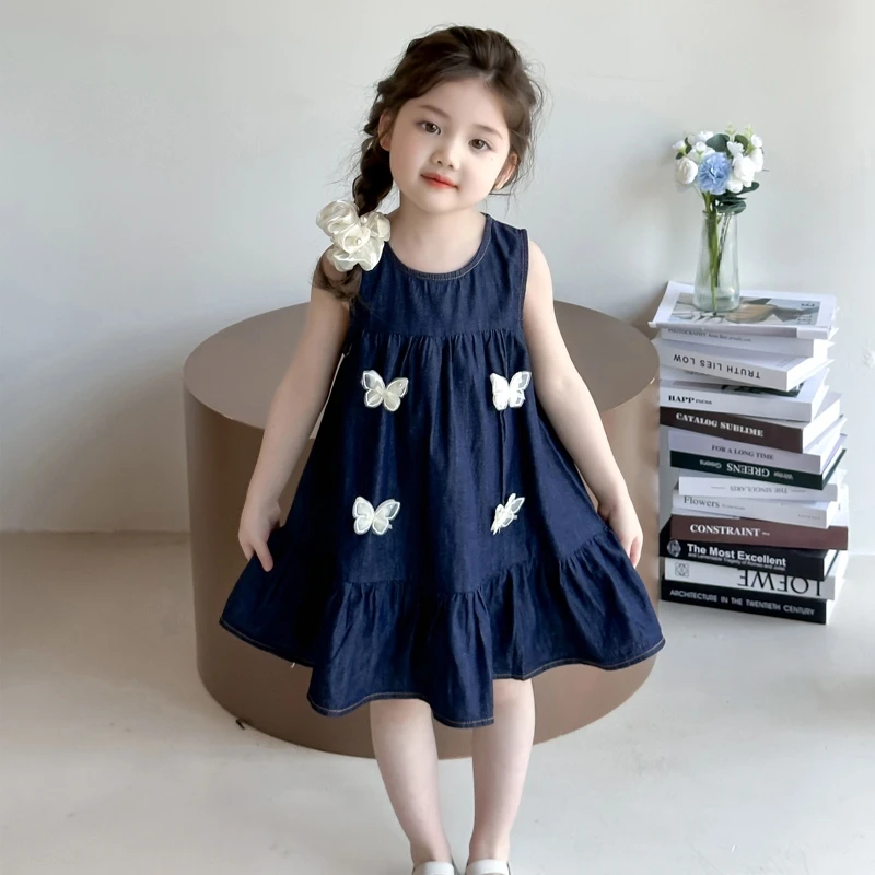 女童夏季洋气连衣裙新款儿童甜美薄款蝴蝶牛仔裙女宝宝夏款背心裙