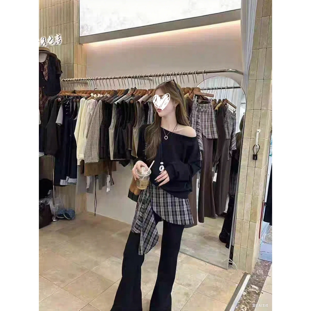 2025春秋新款时尚套装女露肩长袖上衣+显瘦屁帘微喇裤气质两件套